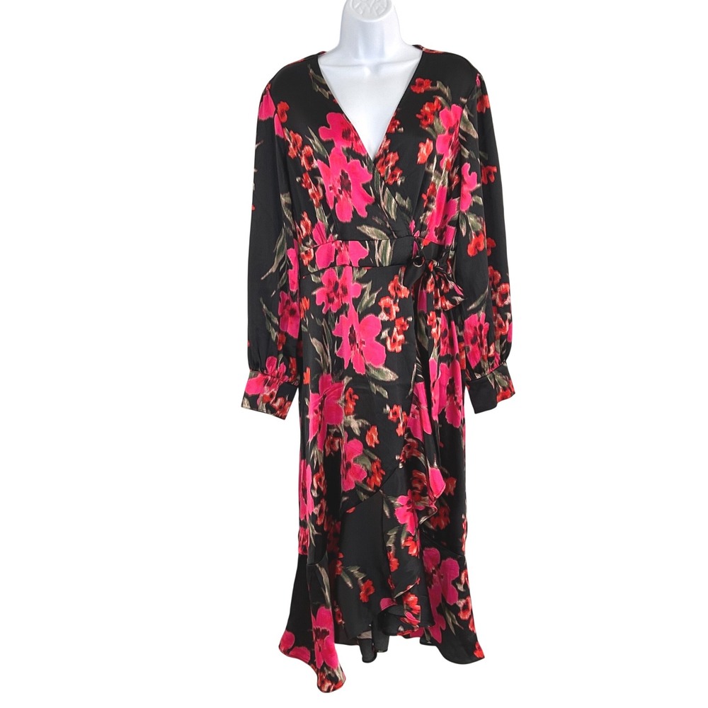NWOT Sofia Jeans by Sofia Vergara Floral Wrap Midi Dress Pink Black L KY Derby